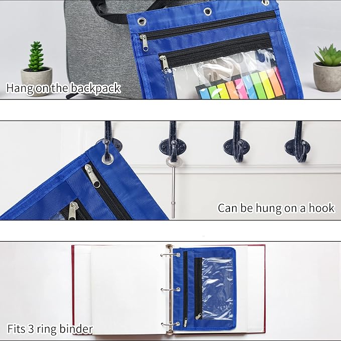 YoeeJob 2 Pack Expandable Pencil Pouches for 3 Ring Binders, Blue | 1-inch expansion, 2 clear PVC pockets, 3 holes, large-capacity storage for school and office supplies.