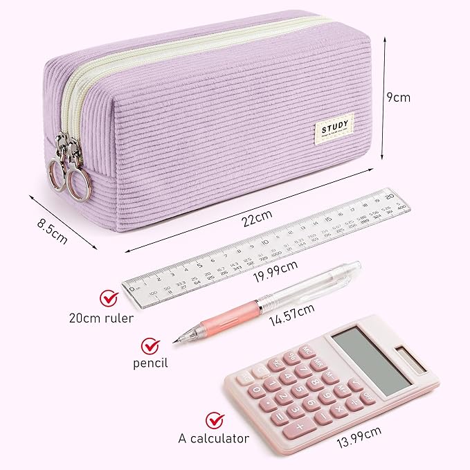 KALIDI Large Pencil Case Corduroy Pencil Pouch Box Cute School Supplies for Teen Girls Boys, Purple