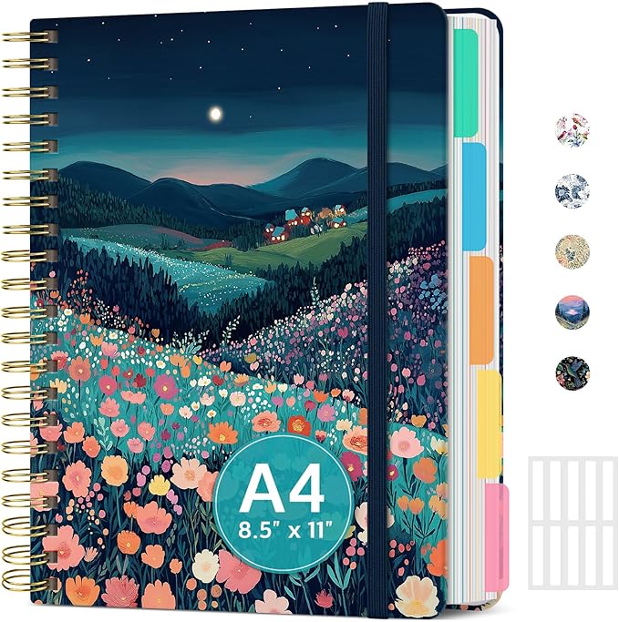Large Lined Spiral Journal for Women Cute Hardcover 5 Subject Notebook for Work 8.5" x 11" with Removable Dividers & Tabs, College Ruled, 280 Pages Aesthetic Journal for Work, School & Note Taking, Moonlit Meadow