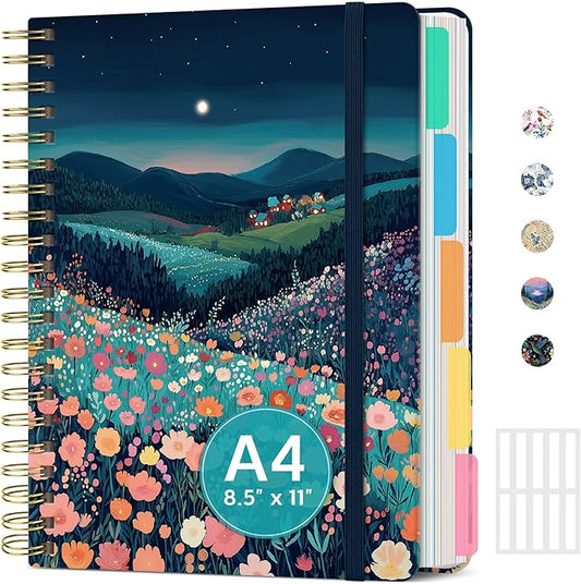 Large Lined Spiral Journal for Women Cute Hardcover 5 Subject Notebook for Work 8.5" x 11" with Removable Dividers & Tabs, College Ruled, 280 Pages Aesthetic Journal for Work, School & Note Taking, Moonlit Meadow