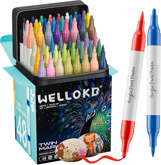 WELLOKB 80 Colors Dual Tip Acrylic Paint Markers, Fabric Markers, Brush Tip Permanent Acrylic Paint Pens for Wood, Glass, Rocks, Paper, Coloring book,Ceramic,DIY Crafts for Adults (48, Chisel&Brush)