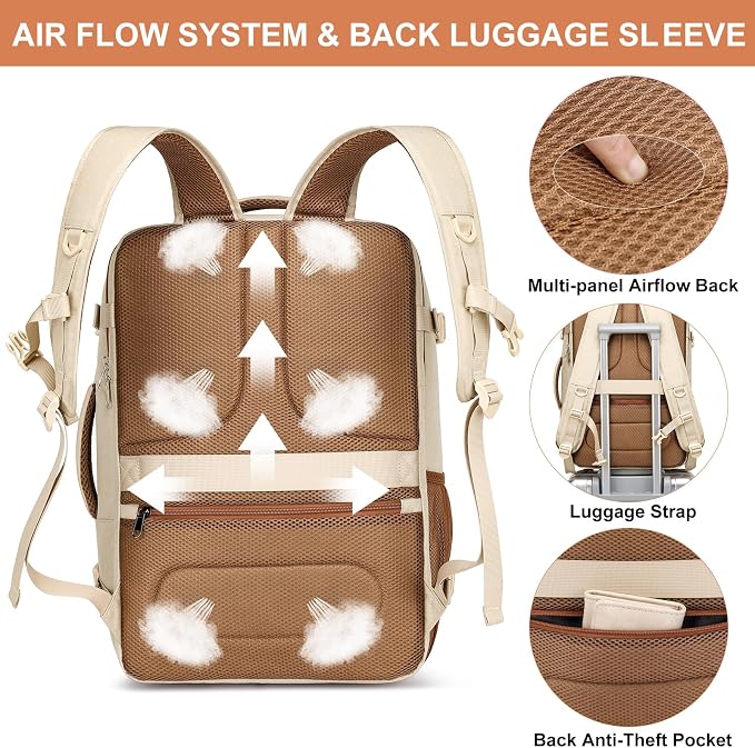 EZUOLA Large Travel Backpack for Women Airline Approved Carry On Backpack with Shoe Pouch,TSA 17.3 inch Laptop Mochila Flight Approved Casual Daypack for Weekender Bookbag Travel Essentials,Beige