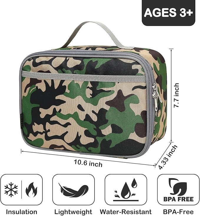 FlowFly Kids Lunch box Insulated Soft Bag Mini Cooler Back to School Thermal Meal Tote Kit for Girls, Boys, Forest