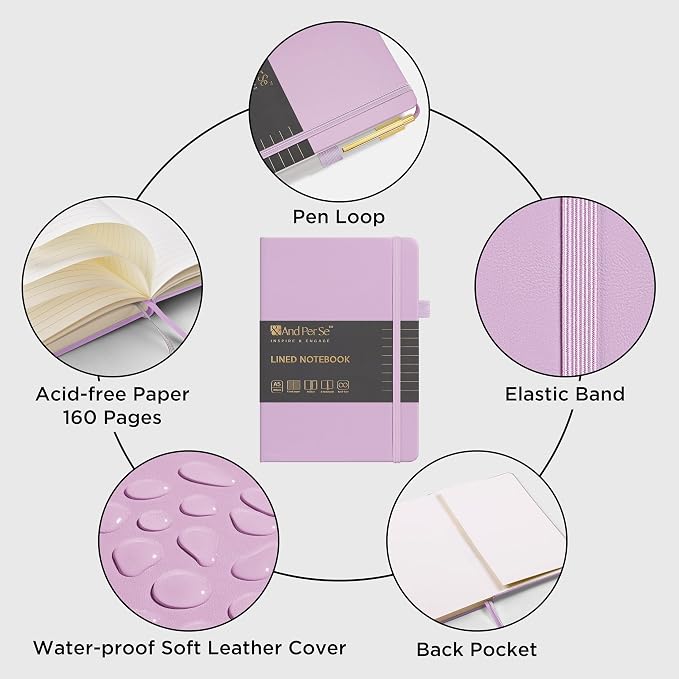 &And Per Se Lined Journal and Pen Set, A5 Leather Hardcover Notebook with Pen & Stationary Set, 160 Pages 100GSM Thick Ruled Paper Journal for Business Work Writing (Purple)