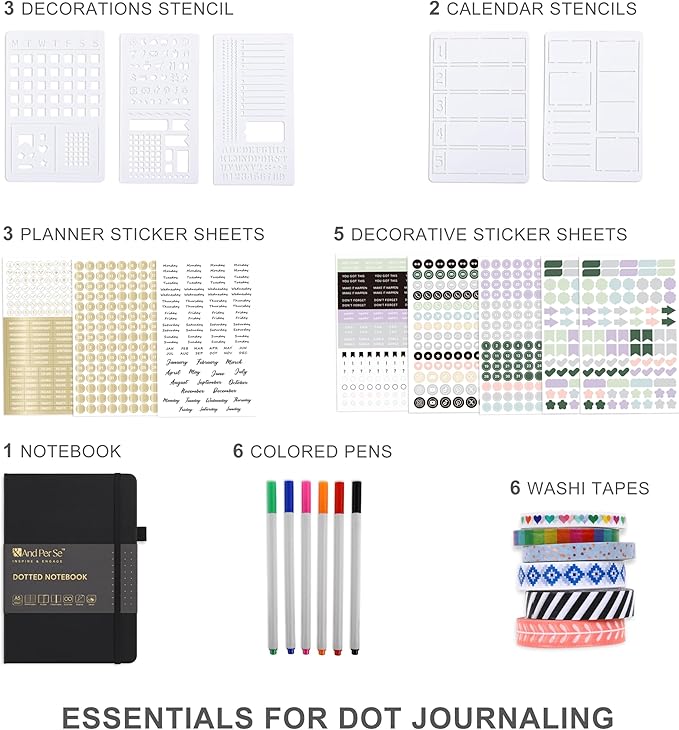 &And Per Se Dotted Journal Supplies – Journaling Kit with Dotted Notebook, Stencils, Stickers, Washi Tape & Colored Pens for Beginners (Black)