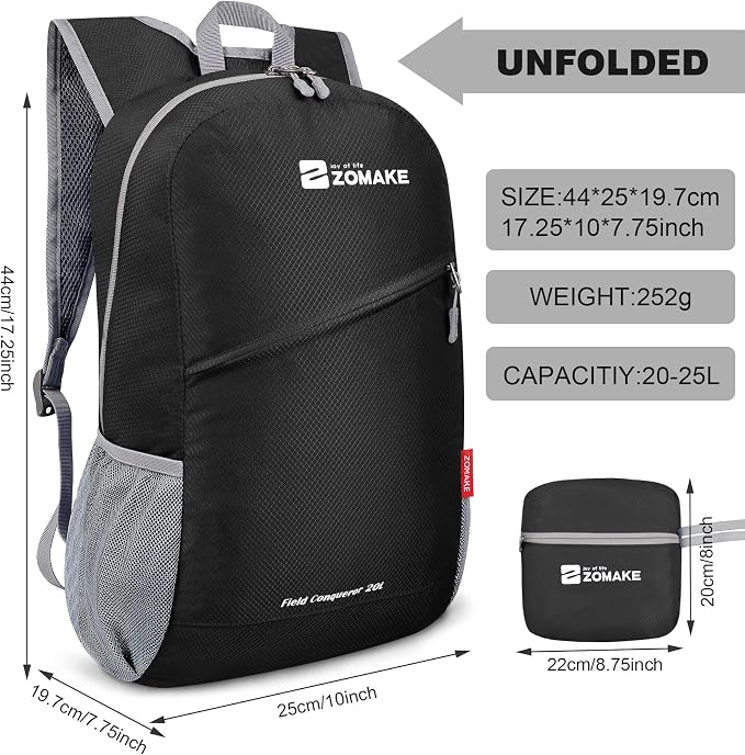 ZOMAKE Lightweight Packable Backpack 20L, Foldable Small Daypack for Hiking | Water Resistant Backpacks Day Bag for Travel Outdoor Camping Sport, Everyday Carry, Multi Compartment Storage(Black)