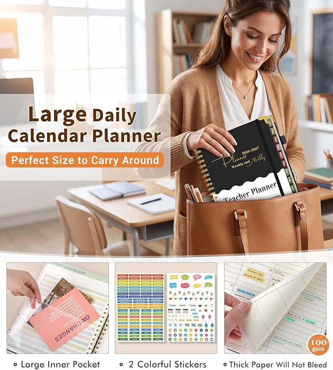 Teacher Planner 2026-2027, July 2026 - June 2027, Academic Weekly & Monthly Calendar Planner with Tabs, 8.5" x 11" A4 Teacher Lesson Plan Book with 7 Periods, Daily Agenda School Organizer for Teacher Student Homeschool, Black