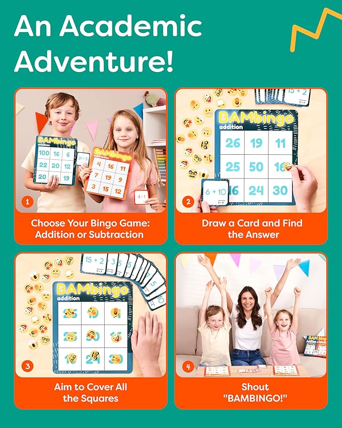 THE BAMBINO TREE Addition and Subtraction Facts Bingo Game - 1st 2nd & 3rd Grade Educational Math Learning for Classroom & Homeschool