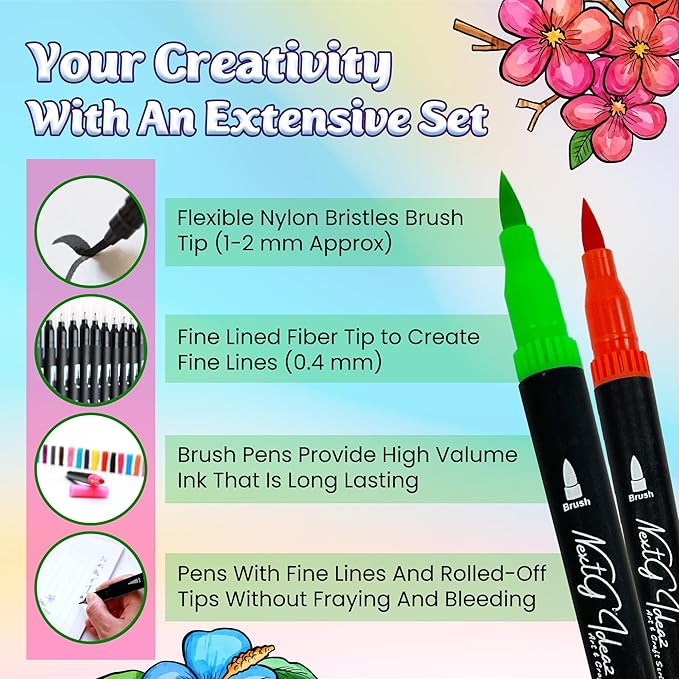 Dual Tip Brush Art Marker Pens, 80 Unique Color, Water-Based Ink, Fineliner & Brush Tip Pens for Arts Lover Adults, Coloring Drawing Book, Calligraphy Writing, Sketching and Doodling