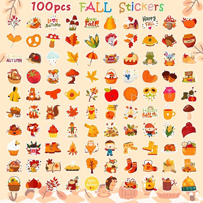 OHOME Fall Stickers | 100 PCS Thanksgiving Stickers for Kids - Vinyl Thanksgiving Games Toys Gifts Activities Essentials Party Favors Supplies - Friendsgiving Crafts Bulk for Classroom Home