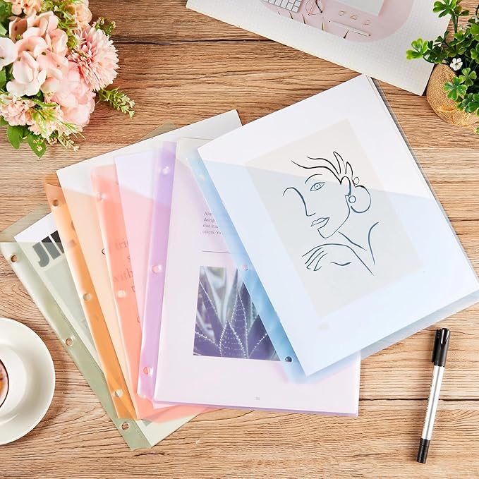 Maitys 5 Pack Binder Pockets 3 Hole Punch Clear Plastic Document Folders Binder Organizer Store Letter Size 8.5 x 11 Inch Paper Folders with Pockets Slash File Jacket for Office(Pastel Colors)