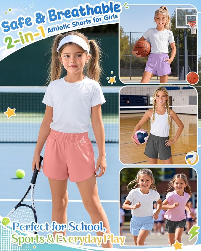 4 Pack Girls Athletic Shorts 2 in 1 Quick Dry High Waist Tween Shorts with Liner Kids Back to School Running Shorts