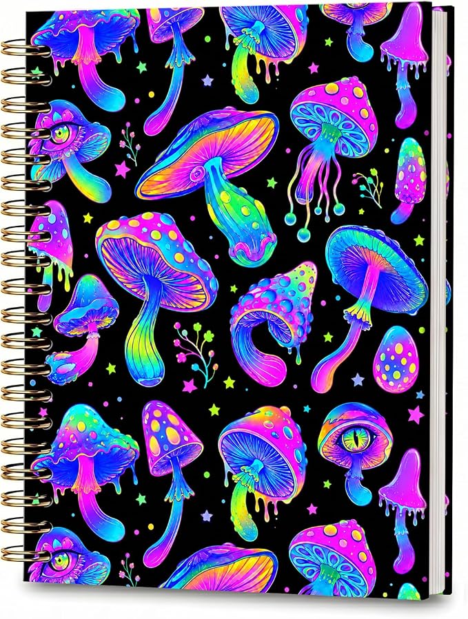 ATJFKIXL Cute Spiral Journal Notebook, A5 120 Page College Ruled Wirebound Notebook, Soft Cover for Students Office Notes and Planning - Black Neon Mushroom