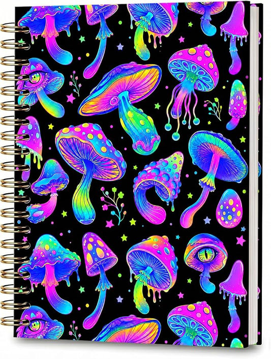 ATJFKIXL Cute Spiral Journal Notebook, A5 120 Page College Ruled Wirebound Notebook, Soft Cover for Students Office Notes and Planning - Black Neon Mushroom