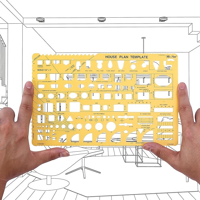 Mr. Pen- House Plan, 3 pcs, Interior Design and Furniture Templates, Clear Flexible Plastic, Drafting Tools, Ruler Shapes for Architecture, 1/4 Inch Scale, Kitchen, Bath, Bedroom, Office, Living Room