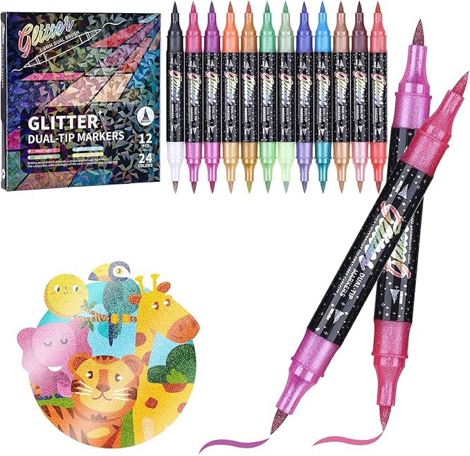 KEMYR Glitter Effect Brush Markers Pens,24 Colors Dual Tip Glitter Pens Set 12 Pack Metallic Sparkle Markers for Cards, DIY Crafts, Doodle, Writing, Adults Coloring Books, Art Supplies Scrapbooking
