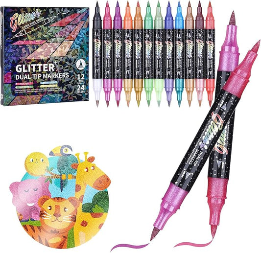 KEMYR Glitter Effect Brush Markers Pens,24 Colors Dual Tip Glitter Pens Set 12 Pack Metallic Sparkle Markers for Cards, DIY Crafts, Doodle, Writing, Adults Coloring Books, Art Supplies Scrapbooking