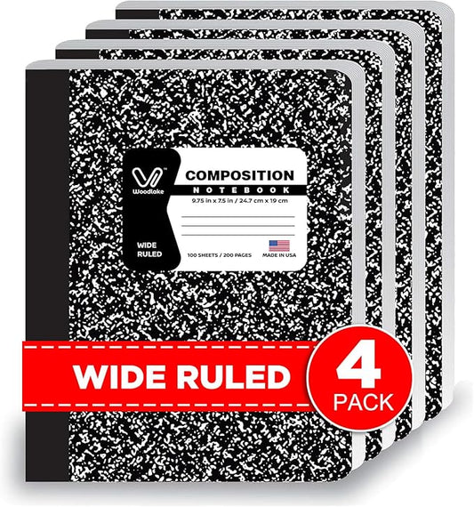 Woodlake Black Marble Composition Notebooks 4 Pack – 100 Sheets Wide Ruled 9.75" x 7.5", Sturdy Sewn Binding for School, College, Office Acid-Free Heavyweight Paper 200 Pages Made in USA