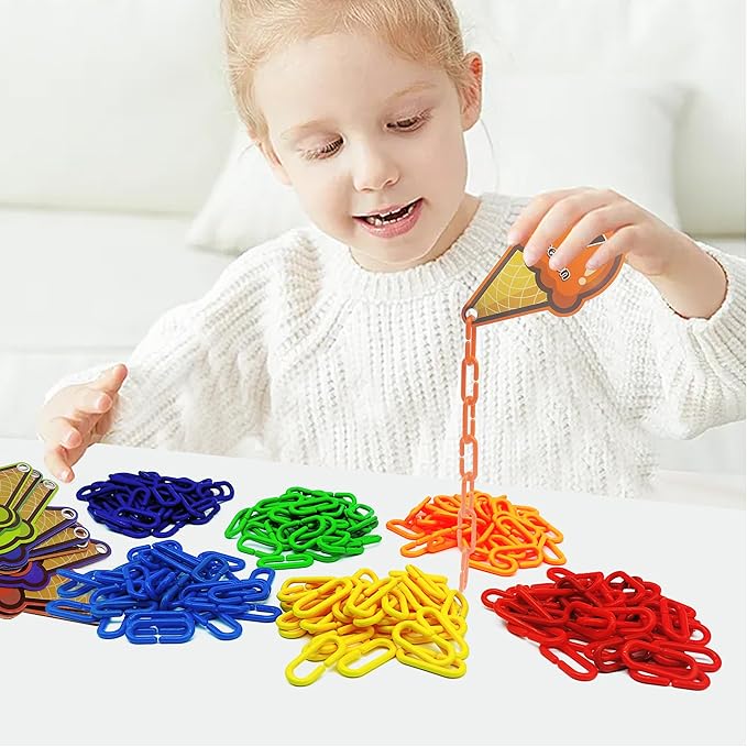 RAINBOW TOYFROG Chain Link Math Manipulatives - 240 C Clips Plastic Chain Links & 20 Ice Cream Cards for Counting & Linked Math Game - Learning Resources for Kindergarten Sensory