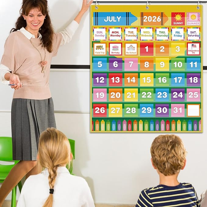 Sinload Classroom Calendar Pocket Chart Set Calendar Bulletin Board Set Seasons Festival Weather Pocket Chart for Classroom Decoration Back to School Supplies(Crayon)