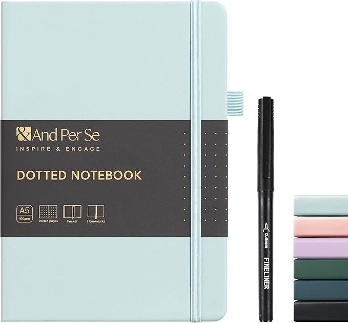 &And Per Se Dotted Journal Notebook, A5 Hardcover Dotted Notebook, 160 Pages 100GSM Thick Paper Dot Grid Journal with Fineliner Pen (Cyan)