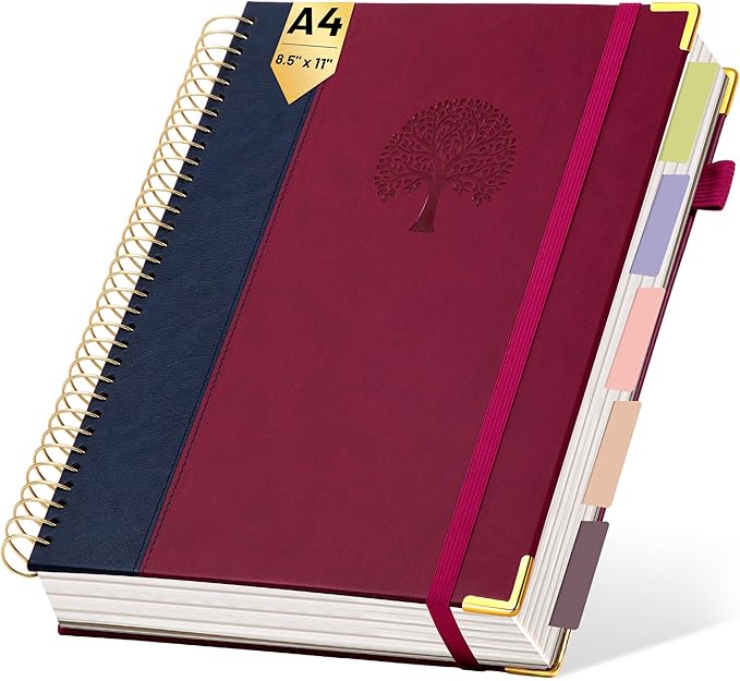 Yoment Hardcover Spiral Notebook 8.5" x 11" Leather 5 Subject Notebook College Ruled with Dividers Tabs 300 Pages Large Spiral Journal Notebooks for Work School Note-Taking Business, Burgundy