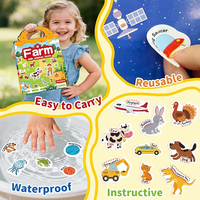 3 Sets Reusable Sticker Book for Toddlers 3-6, Jelly Sticker Books for Toddler, Travel Sticker Activity Toys for Kids 3 4 5 6 Years Old Girls & Boys（Ocean + Space + Dinosaur）