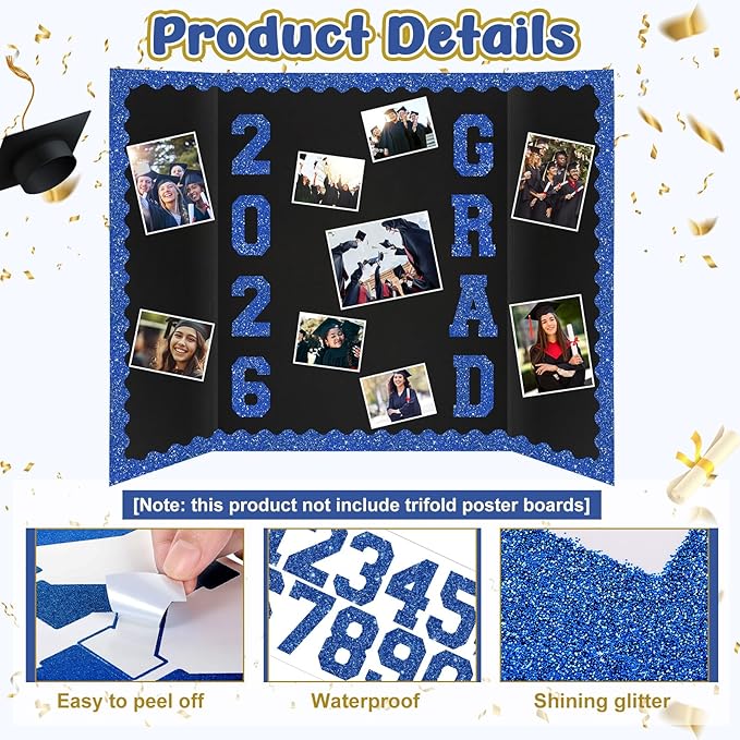 Blue 175 Pcs Graduation Photo Display Board Sticker Glitter Border Trim Alphabet Letter Number for 2026 Grad Party Trifold Poster Photo Display Event Displays Bulletin Board