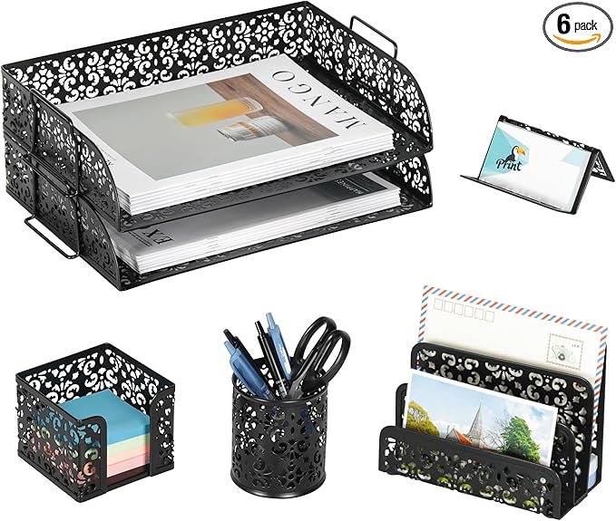 EasyPAG Desk Organizers and Accessories 5 Pieces Office Supplies Set - 2 Tier Paper Tray, Pencil Organizer for Desk, Mail Sorter Countertop, Business Card Holder and Sticky Note Holder, Black