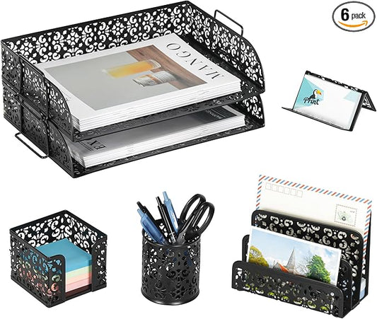 EasyPAG Desk Organizers and Accessories 5 Pieces Office Supplies Set - 2 Tier Paper Tray, Pencil Organizer for Desk, Mail Sorter Countertop, Business Card Holder and Sticky Note Holder, Black