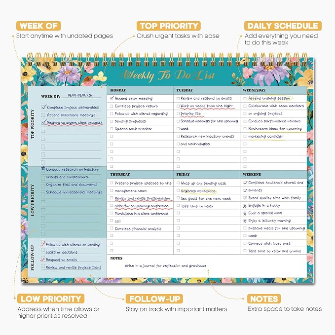 Weekly To Do List Notepad with 52 Undated Sheets（8.5"×11"）- Weekly Desk Planner for Women & Man, Work and Home - Floral