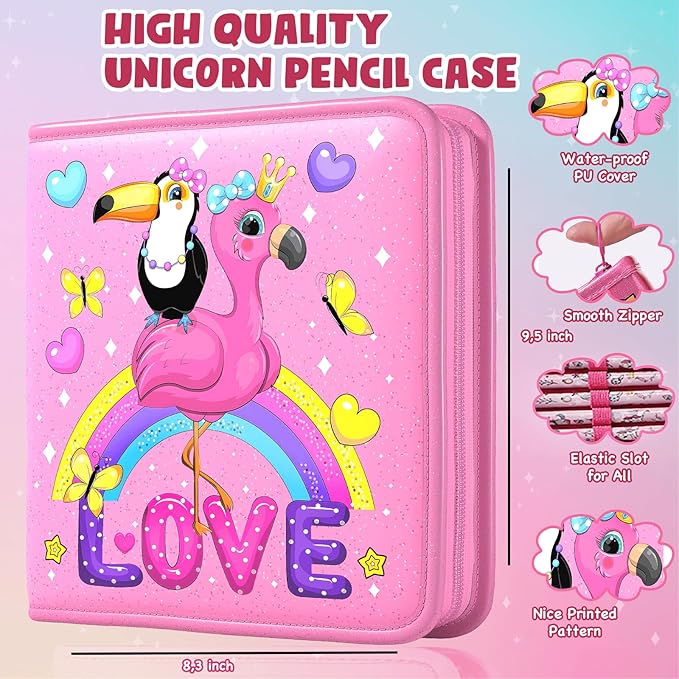 DOKKIA Fruit Scented Coloring Pens Markers Set 65 PCS Art Craft Drawing Case - Washable Kits Pencil,Gel Pen,Crayon&Coloring Book Supplies Flamingo Toucan Pink
