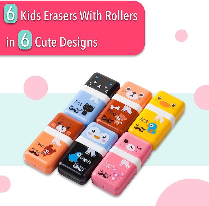 Mr. Pen- Eraser with Cover and Roller, 6 Pack, Animal Theme, Cute Erasers for Kids
