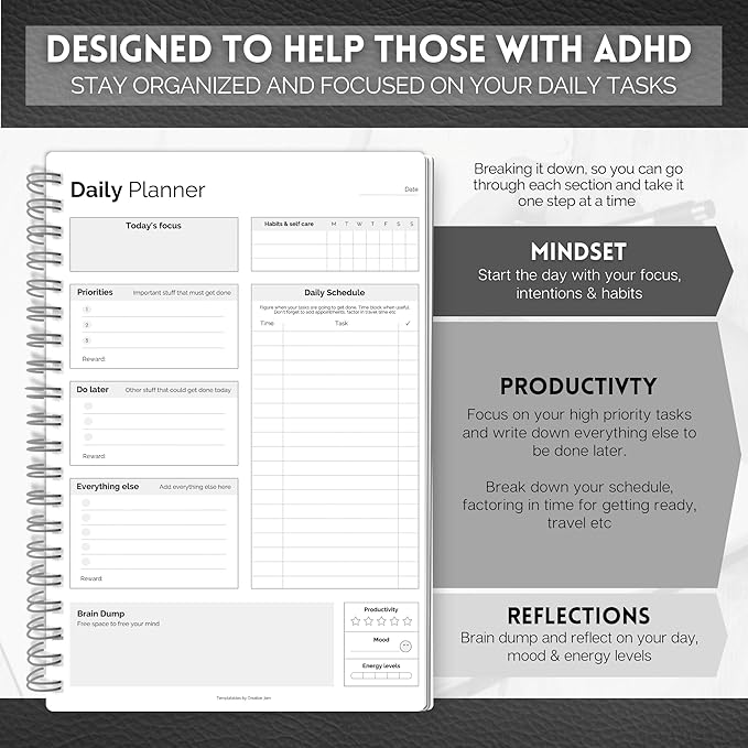 ADHD Daily Planner for Neurodivergent Adults - Productivity Daily Planner & Task Management to Stay Organized and Focused (Mono)