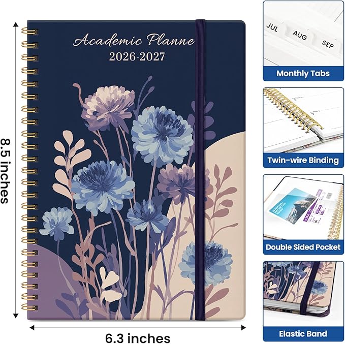 Planner 2026–2027, Academic Monthly Weekly Spiral Calendar, July 2026 – June 2027, Hardcover Agenda Notebook with Tabs, 6.3" x 8.5", Perfect for Students, Teachers, School & Daily Planning - Midnight Blooms