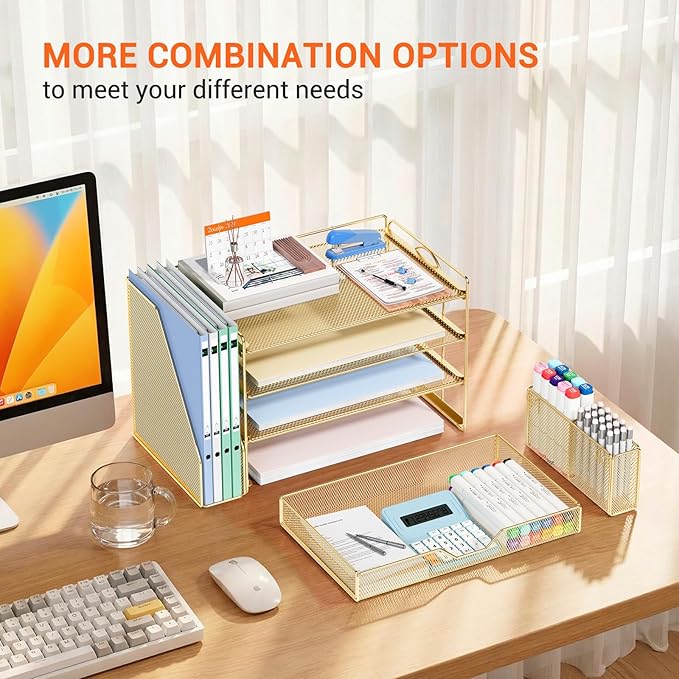 OPNICE Desk Organizers and Accessories, 4-Tier Office Desk Accessories & Workspace Organizers with Drawer and Pen Holder, Desktop Paper Tray File Organizer for Home Office Supplies, Gold