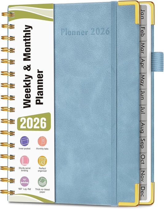 2026 Planner, Hardcover Leather Weekly and Monthly Planner, January 2026 - December 2026, Spiral Yearly Agenda Organizer Book 2026 with Tabs, Daily Calendar Planners for School Work Home, A5 (5.75" x 8.38"), Blue