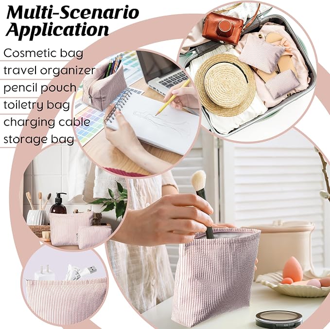 Huhumy 2 Pcs Makeup Bag Set for Women, Khaki, Thin Striped Seersucker | Cute Cosmetic Pouch Women Travel Toiletry Bag Preppy Small Makeup Purse Pouch Aesthetic Skincare Brushes Storage Organizer