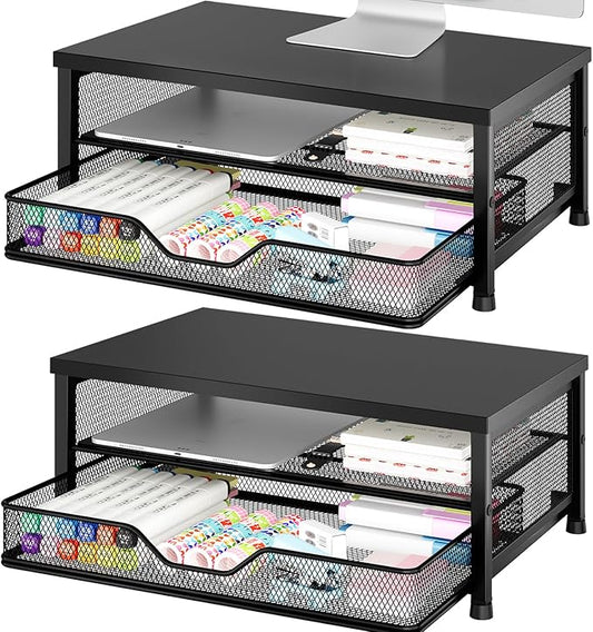 OPNICE Computer Monitor Stand Riser, Desk Organizer with Drawer, Printer & Laptop Stand, Office Desk Accessories & Workspace Desktop Organizers Storage for Office Supplies(Black 2-Pack)