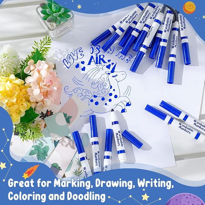 60 Pcs Blue Washable Markers Bulk Coloring Broad Line Markers for Kids Conical Tip Blue drawing pens for Classroom Back to School travel Art baby shower gender reveal Supplies, Ages 6+