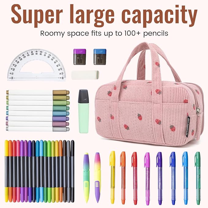 Large Pencil Case Pouch,Extra Big Pencil Bags with Zipper,Cute Corduroy Pencil Pouch with 5 Compartments,Pen Bag Wide Opening,Pencil Pouch Organizer, Pencil Box for Teen Girls Adults (Pink)
