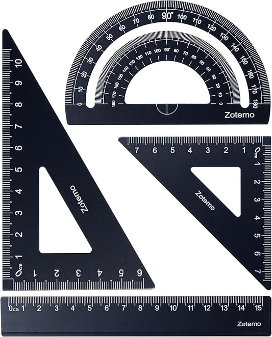 Geometry Ruler Set for Students, Metric Measurement 4-Piece Metal Math Drafting Kit with Non-Slip Design 15 cm Straightedge Ruler, 180° Protractor & 2 Triangles for School Kids (Black)