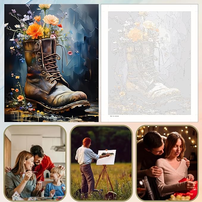 5DDIYART Boot Flowers Paint by Numbers for Adults Beginner, Paint by Number Kits on Canvas, Paint by Easy Acrylic Painting Home Wall Decor 16x20inch