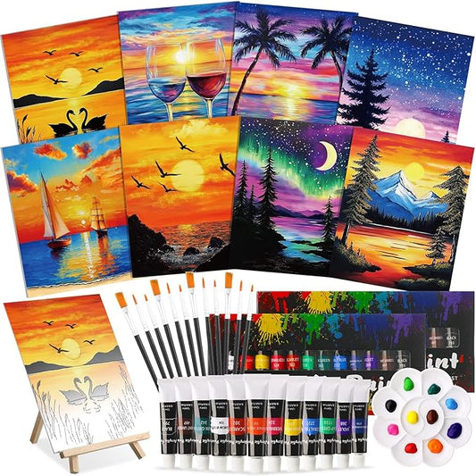 Cholemy 36 Pcs Paint and Sip Kit for Adults 8''x10'' Pre Drawn Canvas for Painting DIY Afro Acrylic Painting Kit Wood Easel Brushes Date Night Bulk for Mother's Day Party Gifts