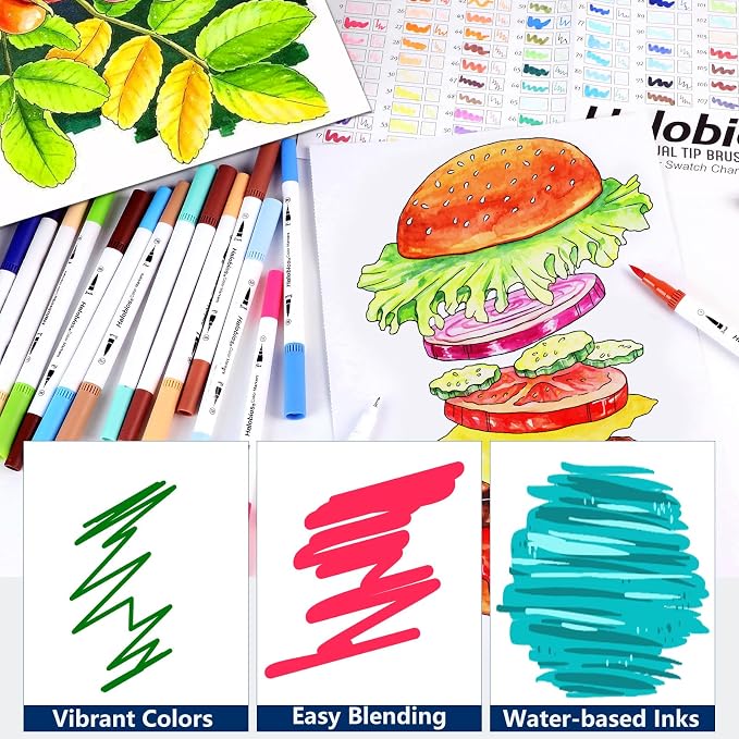Halobios Dual Tip Art Markers - 120 Numbered Colors (Brush & Fine Point) Marker Pens, No Bleed Through for Adult Coloring Books, Drawing, Calligraphy, Hand Lettering & Journaling