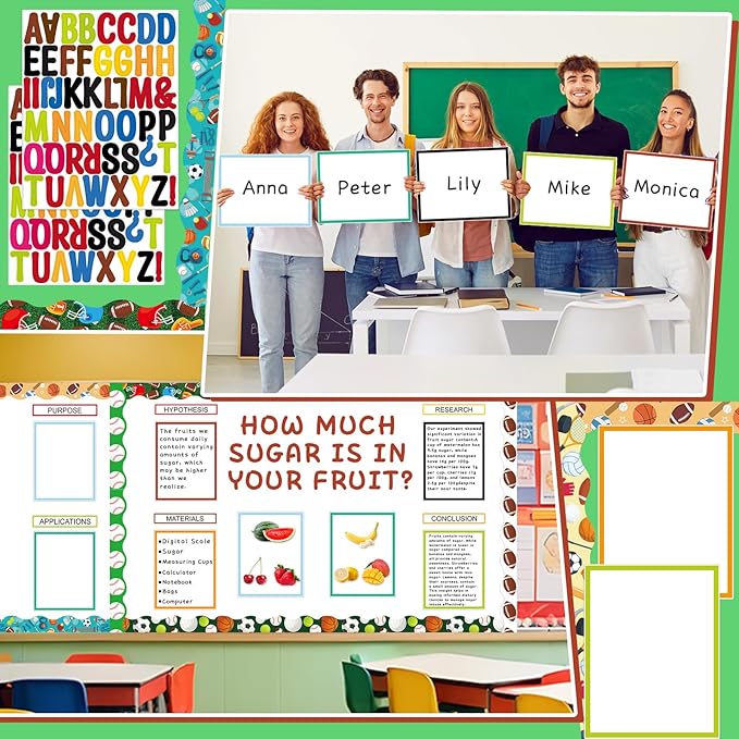 122 Pcs Science Fair Board Supplies 72 Sports Football Trim Scalloped Borders 36 Presentation Board Subtitle 6 Self Adhesive Project Title 8 Letter Sticker for Classroom Office Display Decor(Sports)