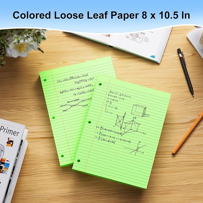 Green Loose Leaf Paper 300 Sheets 8" x 10.5" Filler Paper, College Ruled 3-Hole Punched, Notebook Paper for 3-Ring Binders Notepad Writing Note Pads To-Do Lists for Office & School Supplies