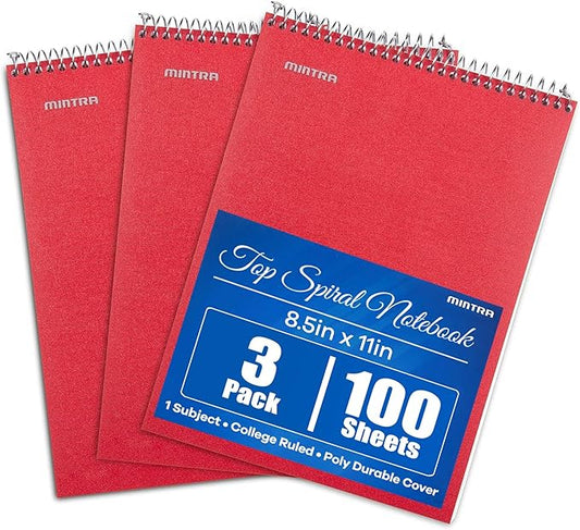 Mintra Office TOP BOUND Durable Spiral Notebooks (Red, College Ruled 3pk)