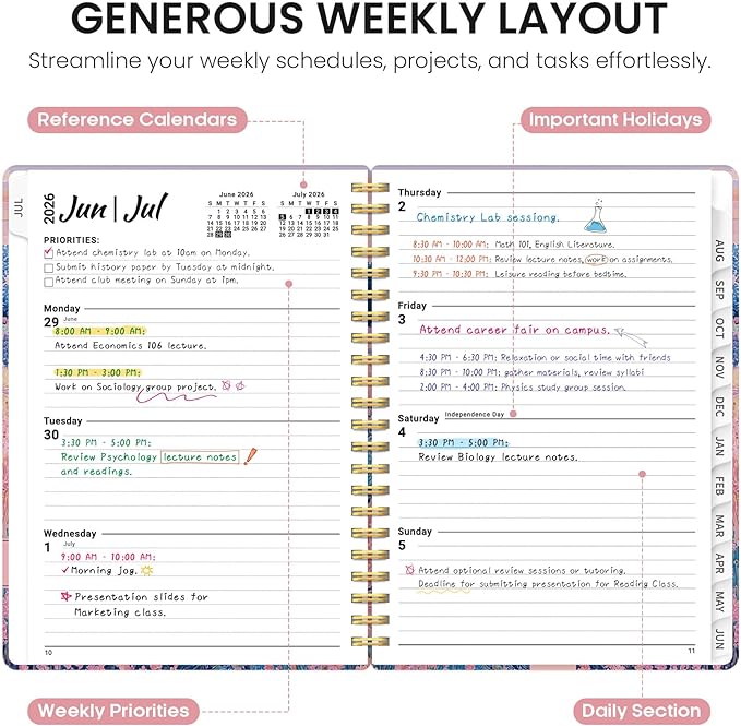 Planner 2026–2027, Academic Monthly Weekly Spiral Calendar, July 2026 – June 2027, Hardcover Agenda Notebook with Tabs, 6.3" x 8.5", Perfect for Students, Teachers, School & Daily Planning - Windmill Fields