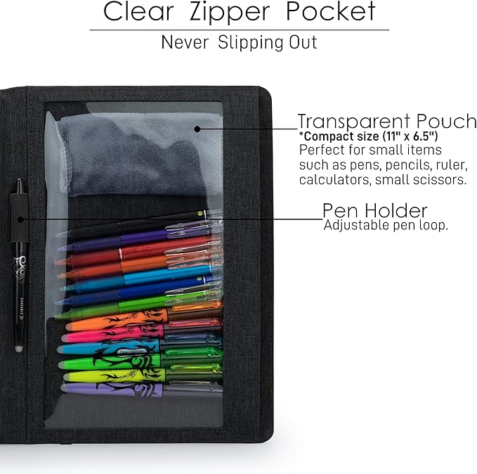 Folio Cover Compatible with Rocketbook Fusion, Panda, Everlast, Waterproof Fabric, Multi Organizer with Pen Loop, Zipper Pocket, Business Card Holder, fits A4 Size Notebook, Black